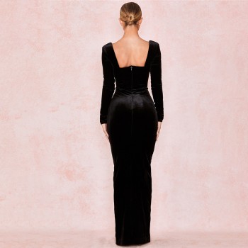 Cryptographic Black Velvet Plunge V-Neck Gown Sexy Maxi Dresses Women 2020 Spring Backless Long Sleeve Party Night Split Dress